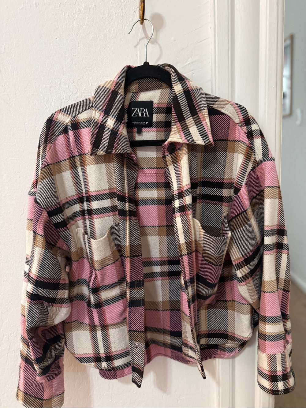 Zara Pink Cream Plaid Utility Jacket